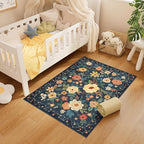 DUKINO 3x4 Area Rug, Lightweight Non Slip Washable Floral Rug, Indoor Low Pile & Non-Shedding Boho Design Carpets for Bedroom, Kitchen, Dining Room, Navy Blue