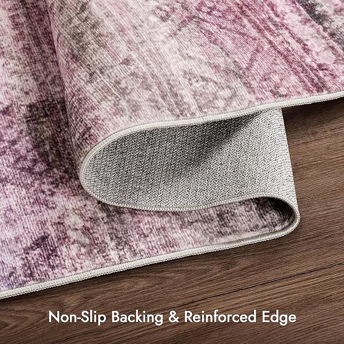 Kokia Abstract Area Rugs Boho Washable Distressed Retro Indoor 6x9 Rug Multicolor Low Pile Non-Slip Non-Shedding Red Carpet Bedroom Living Room Dining Room, Oslo Orchid