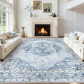9x12 Area Rugs Washable Rugs for Living Room, Large Vintage Boho Rug Non-Slip Soft Floral Distressed Rug Low Pile Stain Resistant Carpet for Bedroom Nursery Office Dining Room Farmhouse(Blue, 9'x12')