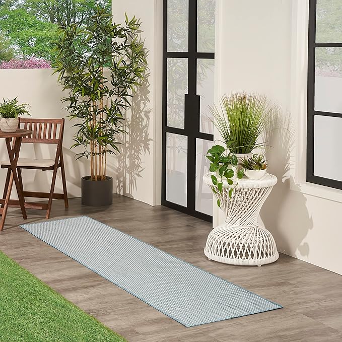 Nourison Home Courtyard Ivory Aqua 2'2" x 8' Area Rug - Easy Clean, Non Shedding, Bed Room, Living Room, Dining Room, Kitchen (8' Runner)