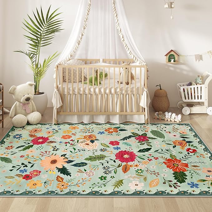 Living Room Rug 8x10 Rug Machine Washable Boho Area Rug Non Slip Floral Vintage Low Pile Large Rugs for Living Room, Bedroom, Farmhouse, Dining Room (Green)