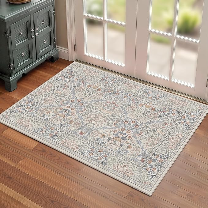 2x3 Floral Washable Area Rugs for Living Room, Vintage Boho Large Rug for Bedroom Dining Room， Distressed Botanical Birds Non Slip Low Pile Forest Animal Throw Carpet for Farmhouse Office, Beige Blue