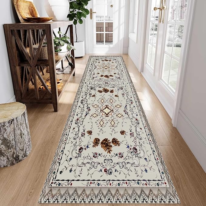 Floral Runner for Kitchen, Boho Vintage Distressed Pineal Rug; 2x8ft, Grey; Non-Slip, Soft Low Pile, Indoor Room Washable Rug for Laundry, Hallway, Bathroom