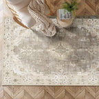MUJOO Beige Rug 3'x5' Washable, Boho Area Rugs for Entryway Bedroom Living Room Kitchen,Small Vintage Bohemian Distressed Farmhouse Non Slip Carpet,Floral