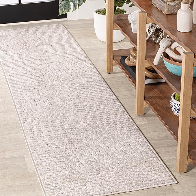 JONATHAN Y Hallie High-Low Curve Ivory/Cream Indoor/Outdoor Runner Rug, 2x10, Minimalist, Pet Friendly, Non-Shedding, Stain Resistant, Hose-Washable for Backyard, Patio, Porch (SCN100B-210)