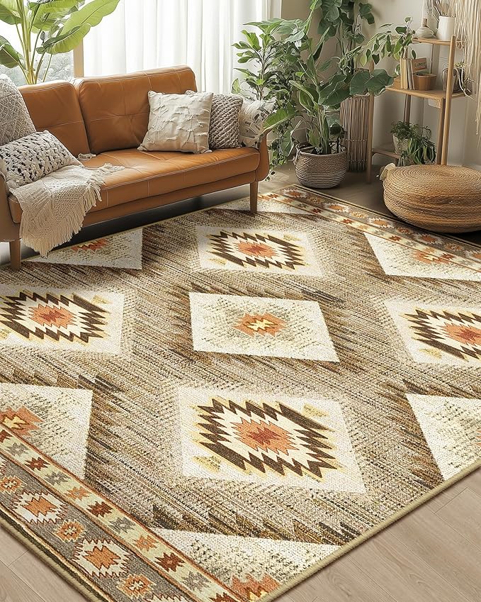 Area Rug 6x9 Rug Machine Washable Non-Slip Low Pile Print Pattern Western Rug for Living Room Bedroom Entryway Tribal Series -Cream/Camel