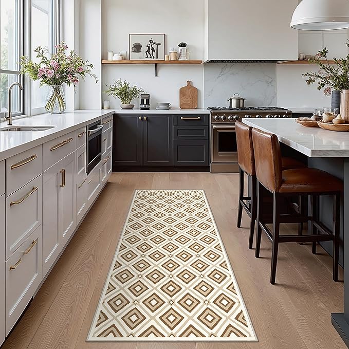 Bavni Hallway Runner Rug Machine Washable, 2x10 Non Slip Lightweight Washable Runners, Moroccan Checkered Rug for Entryway Laundry Kitchen Bathroom Corridor Bedside, Yellow Brown