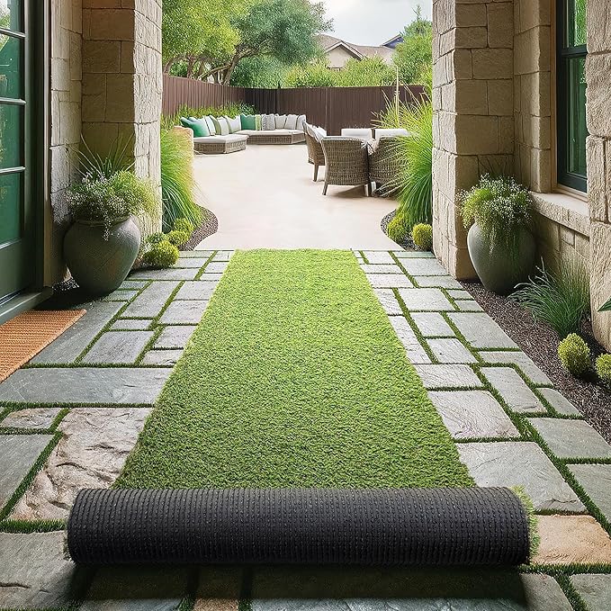 Ottomanson 2'7" x 15' Artificial Faux Grass Rug - Realistic Turf with UV Protection - Perforated for Easy Drainage - Durable, Hose-Off Synthetic Lawn Carpet for Indoor & Outdoor Use, Green