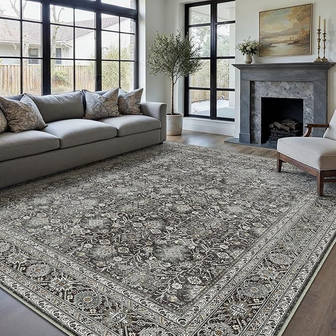 Vintage Area Rug 6x9 Black Washable Living Room Large Carpet Non Slip Bedroom Indoor Office Low Pile Traditional Distressed Retro Accent Rug for Dining Room Kitchen