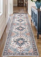 Tangsoo 2.6x8 Washable Runner Rug for Hallways, Non Slip Vintage Rug, Soft Low Pile Long Runner, Blue Carpet Runners for Kitchen Bedroom Entryway Bathroom Living Room