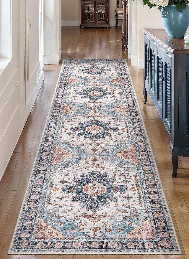 Tangsoo 2x10 Washable Runner Rug for Hallways, Non Slip Vintage Runner Rug, Soft Low Pile Long, Print Distressed Blue/Orange Carpet Runners for Kitchen Bedroom Entryway Bathroom Living Room