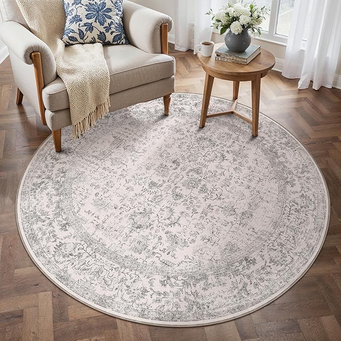 Grey Round Area Rug 5ft Entryway Door Mat Small Circle 5x5 Kitchen Vintage Carpet Non Slip Indoor Bedroom Washable Distressed Floral Retro Accent Throw Rug Office Bathroom