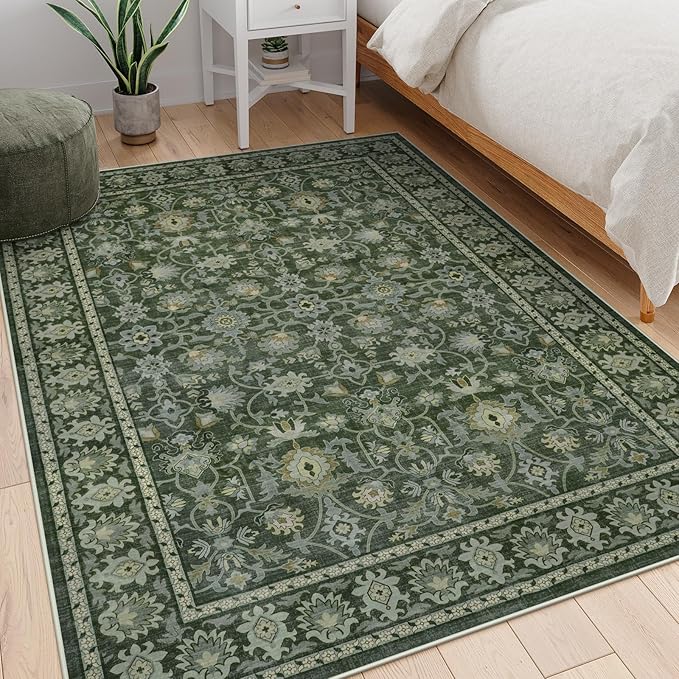 LIVEBOX Washable Area Rug 5x7 - Large Green Boho Living Room Rug Vintage Rugs for Bedroom, Lightweight Retro Carpet Floral Accent Rugs for Dining Room High Traffic Area