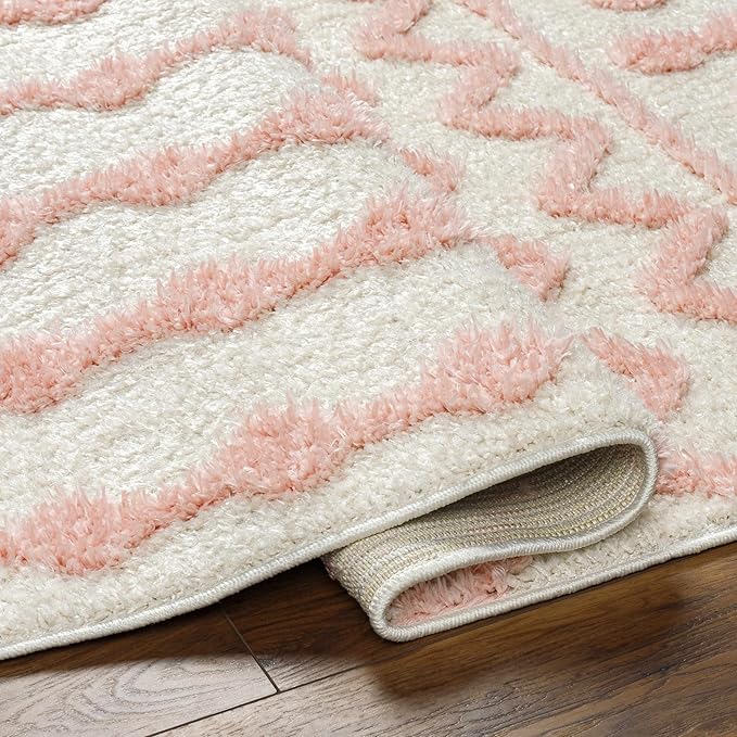 Hauteloom Tilos Moroccan Farmhouse Living Room Bedroom Nursery Shag Area Rug - Shaggy Carpet - Trellis Pattern - High Plush Pile - Cream, Pink, Beige - 5'3" x 7'