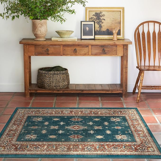 RUGGABLE Washable Vintage Area Rug – Verena Teal Blue 3x5, Stain-Resistant, Non-Slip – Small Machine Washable Rugs for Living Room, Bedroom, Hallway, Entryway & Office–with Standard Pad
