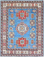 Cerulean Blue Special Kazak with All Over Pattern Natural Dyes Pure Wool Hand Knotted Oriental Densely Woven Rug(9'x11'8")