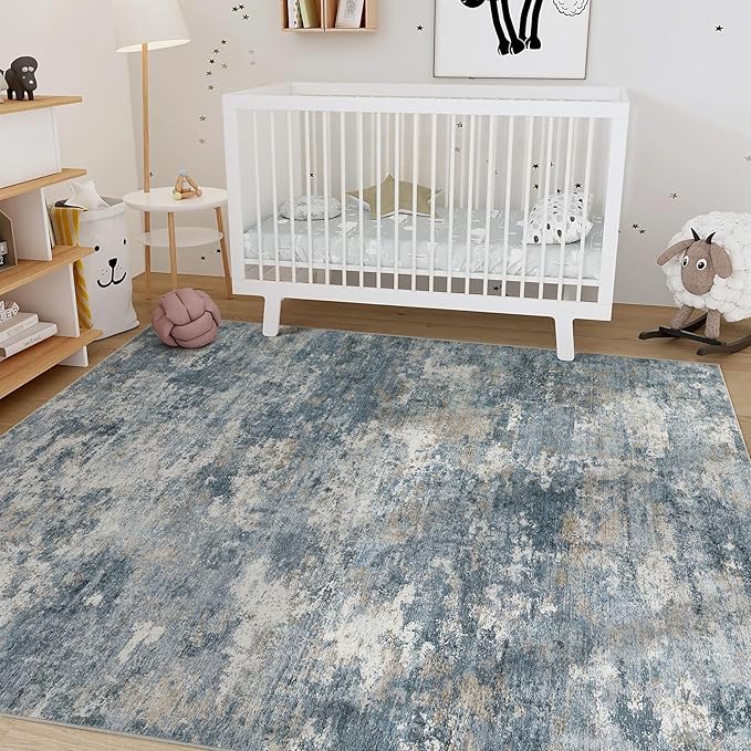 Nakagishi 10x14 Area Rugs Living Room: Washable Abstract Large Neutral Soft Rug Stain Resistant Modern Indoor Floor Non-Slip Carpet for Bedroom Nursery Kids Playroom Office Dining Room Dorm-Blue Brown