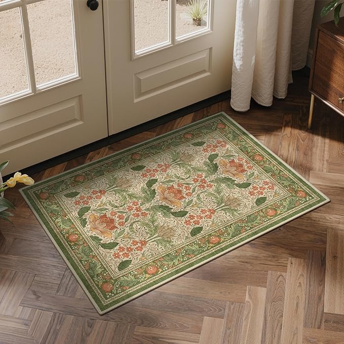Bavni 2x3 Area Rugs, Floral Machine Washable Rugs for Living Room, Dinning Room, Bedroom, Non Slip Aesthetic Vintage Low Pile Durable Lightweight Farmhouse Rug, Sage Green & Burnt Orange