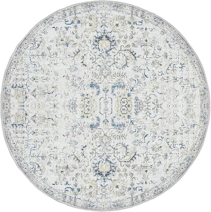 jinchan Kalen Round Rug 6ft Area Rug Washable Vintage Indoor Retro Floor Cover Distressed Floral 6' Round Circle Boho Non Slip Thin Carpet for Living Room Dining Room Bedroom Kitchen Blue