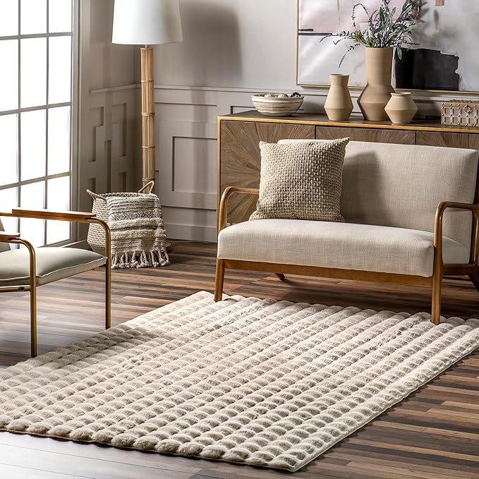 Nuloom Jeni Beige, 6' Square, Solid Faux Rabbit, Fluffy and Cozy, High Traffic, Stain Resistant, Easy Clean, Durable Washable Area Rug for Bedroom, Living Room, Dining, Den, Foyer, Entryway