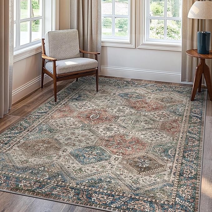 Bavni 8x10 Area Rugs for Living Room, Machine Washable Rug Non Slip, Vintage Chenille Distressed Print Carpet, Large Low Pile Ultra-Thin Lightweight Rugs for Bedroom, Dining Room, Home, Office, Red