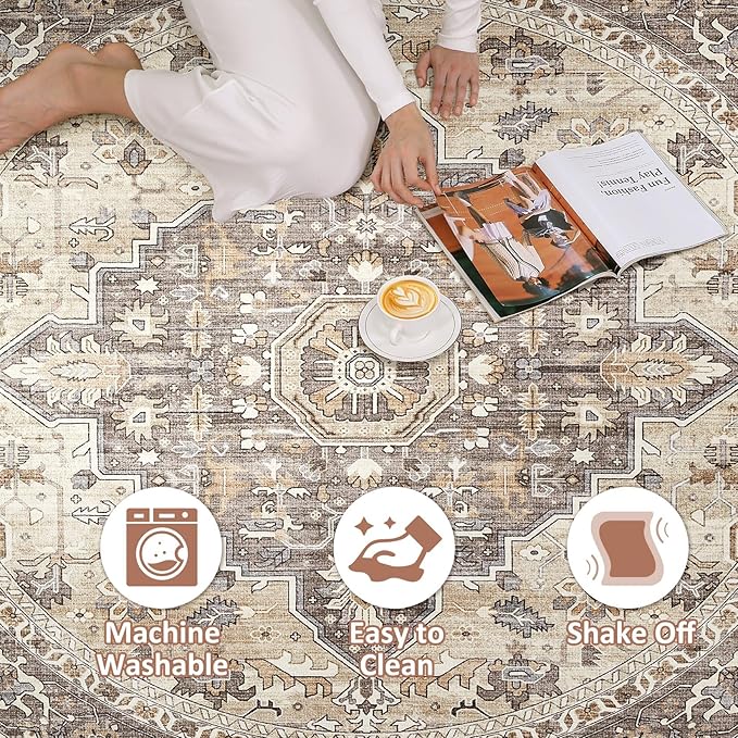 Round Rug Living Room Rugs: 10x10 Washable Boho Neutral Large Circle Soft Indoor Floral Stain Resistant Floor Farmhouse Carpet for Bedroom Nursery Kids Playroom Office Dining Room- Beige Brown