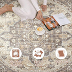 Round Rug Living Room Rugs: 4x4 Washable Boho Neutral Circle Soft Non-Slip Indoor Vintage Stain Resistant Floor Farmhouse Carpet for Bedroom Nursery Kids Playroom Entryway Dorm Home- Beige Brown