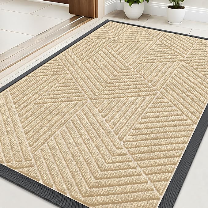 Kitinjoy Front Door Mat Outside Entrance, Sturdy Natural Dirt Trapper, Heavy Duty Rubber Doormat, Low Profile Non-Slip Backing, Easy Clean Floor Mat for Indoor Outdoor Entry, 35X23 Inch, Beige