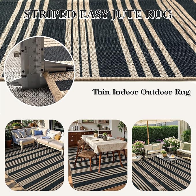 Lahome Striped Easy Jute Rugs for Living Room, 6x9 Washable Indoor Outdoor Patio Rug, Neutral Thin Non Slip Non Shedding Black Dining Room Carpet for Under Table Mudroom Classroom