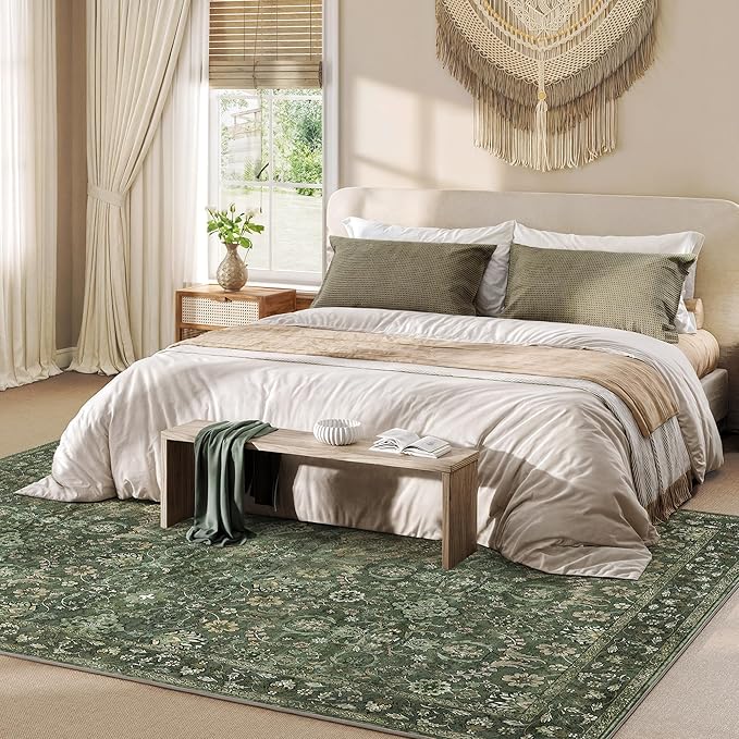 6x9 Rugs for Living Room, Soft Large Area Rugs Green Washable Rug, Indoor Vintage Rugs for Bedroom Home Office Laundry, Rubber Backed Non Slip Low Pile Carpet, Dark Olive Green