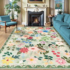 Area Rugs 9x12 Living Room: Floral Washable Rug Vintage Large Soft Boho Non-Slip Carpet Indoor Stain Resistant Low Pile Carpets for Bedroom Dining Room Farmhouse Nursery Hallway Home Office Green