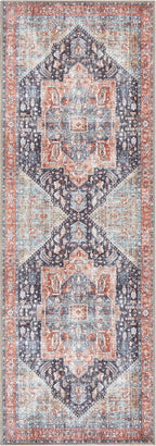 Bloom Rugs Washable Non-Slip 7 ft Runner - Terracotta/Blue Traditional Medallion Runner for Entryway, Hallway, Bathroom, and Kitchen - Exact Size: 2.5' x 7'