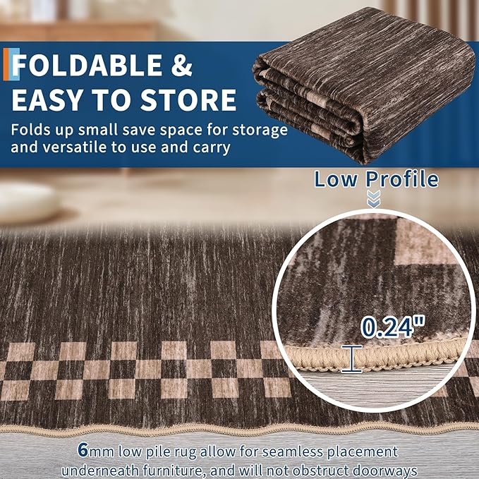 GarveeHome Scalloped Washable Rug 9x12 Area Rug for Living Room Modern Border Large Bedroom Throw Carpet with Rubber Backing Stain Resistant Boho Rug for Dining Room Home Decor Office, Brown
