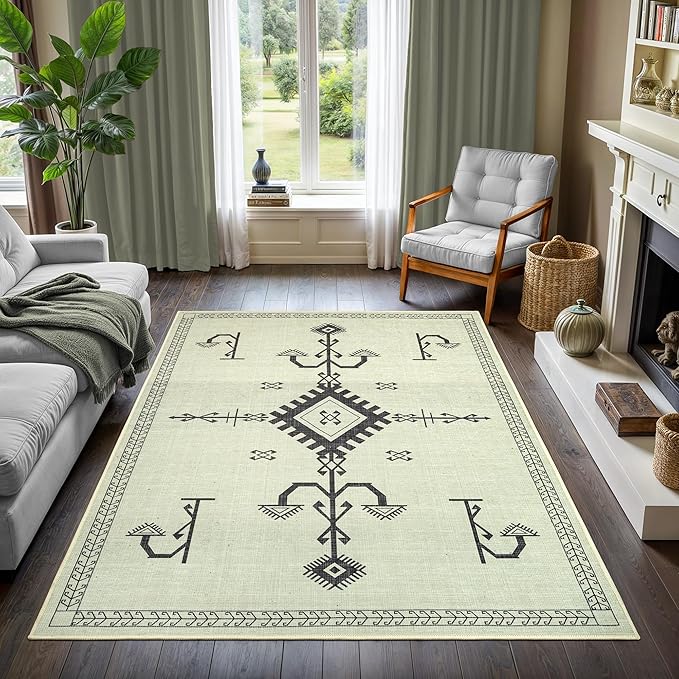 GLN Rugs Contemporary Collection - Machine Washable Area Rug, Contemporary Washable, Non Slip, Low Pile Chenille Rug, Living Room, Bedroom, Kitchen Rug (3' x 5' Cream/Anthracite)