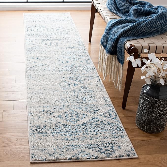 SAFAVIEH Tulum Collection Runner Rug - 2' x 21', Ivory & Turquoise, Moroccan Boho Tribal Design, Non-Shedding & Easy to Clean, Ideal for Living Room, Hallway, Foyer, Bedroom (TUL272E)
