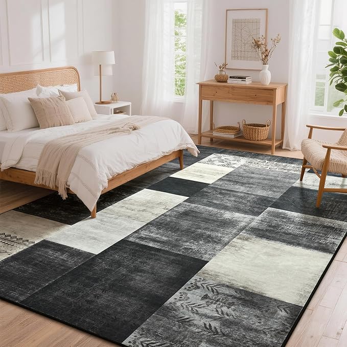 Tepook Modern Area Rug for Living Room, 8x10 Geometric Large Rugs for Bedroom, Washable Patchwork Rug Indoor Non-Slip Throw Carpets for Dining Room Office Farmhouse Home Decor, Black and White