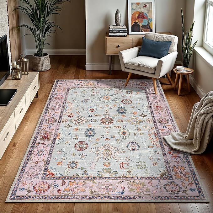 GLN Rugs Traditional Collection - Machine Washable Area Rug, Traditional Washable, Non Slip, Low Pile Chenille Rug, Living Room, Bedroom, Kitchen Rug (6' x 9' Pink/Blue/Multicolor)