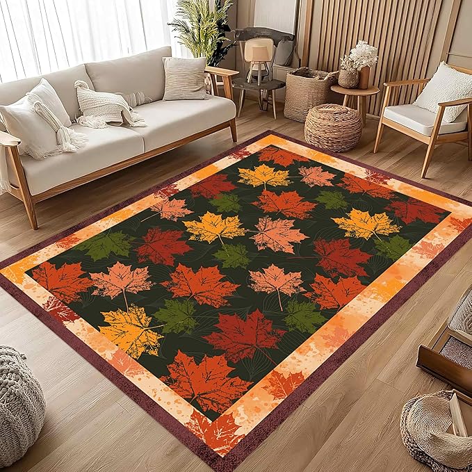 Fall Themed Area Carpet, 3x4ft, Autumn Fallen Leaves Print Pattern Retro Rustic Style Dark Stain Resistant Throw Rug, Low-Profile Non Slip Breathable Floor Mat for Dining Room Laundry