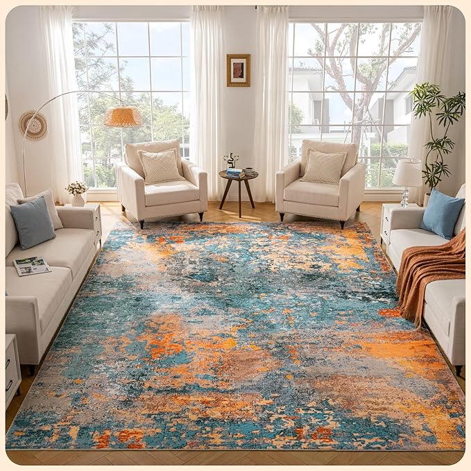 Istana Living Room Rug 10x14 - Multi/Blue 10 x 14 Area Rug - Foldable Machine Washable Area Rugs 10x14 - Stylish 10x14 Area Rugs Boho - Stain Resistant Washable Rug 10x14