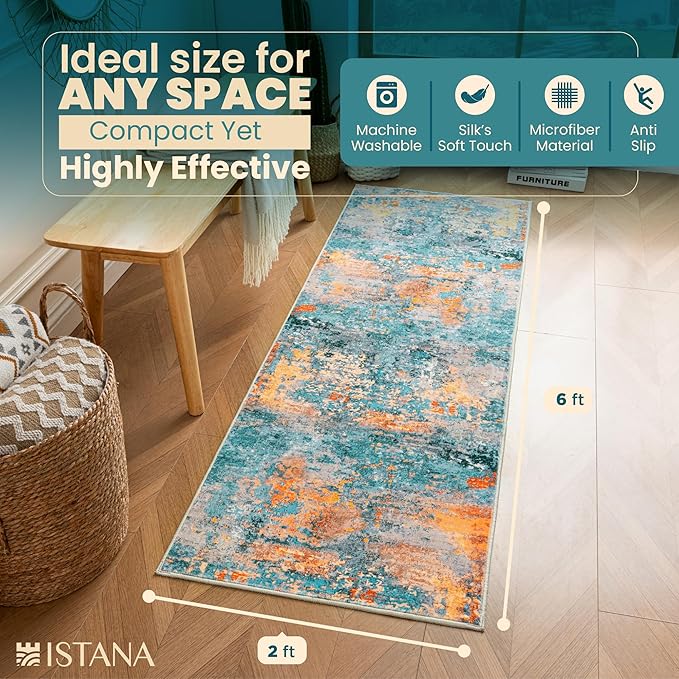 Istana Hallway Runner Rug 2x6 - Multi/Blue Kitchen Rugs Non Slip Washable -Silk's Soft Touch Carpet Runner - Stylish Rug Runner for Home