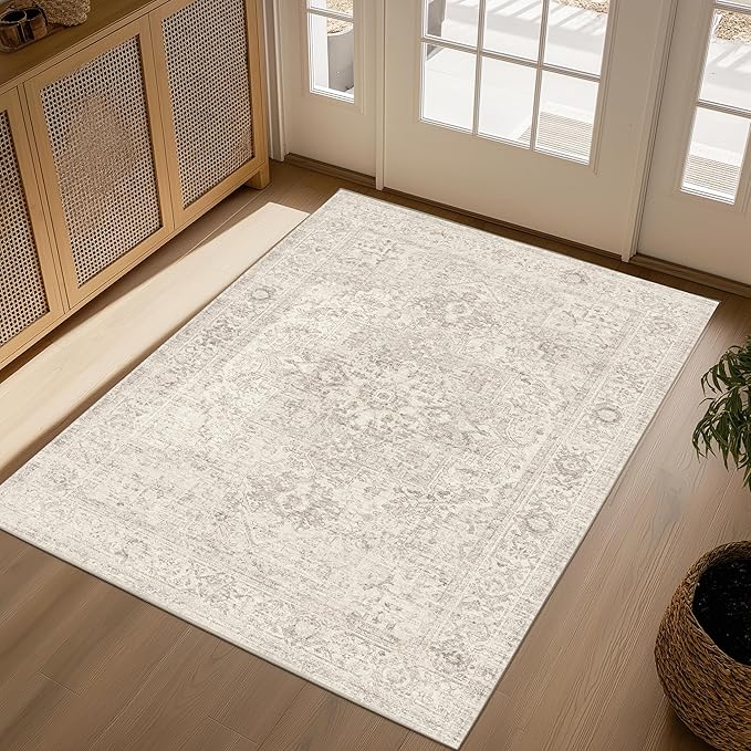 FMFUNCTEX 3x5 Washable Area Rug Beige Vintage Neutral Distressed Non Slip Low Pile Traditional Retro Indoor Carpet for Entryway Entrance Soft Rug Living Room Bedroom Kitchen Dining Office Laundry