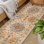 COMSLE Boho Runner Rug, 2' x 6' Washable Area Rugs for Hallway Faux Wool Small Distressed Indoor Door Mat Non-Slip Laundry Room Kitchen Carpet for Entryway Bedroom