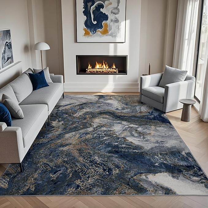 Modern Washable Rug for Living Room: Abstract 6x9 Area Rugs for Bedroom Low Pile Non Slip - Stain Resistant Carpet for Dining Room Indoor - Blue Gold