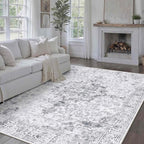 HUGEAR Washable 9x12 Area Rugs Retro Grey Living Room Bedroom Rug Vintage Distressed Non Slip Stain Resistant Low Pile Neutral Throw Carpet for Home Decor