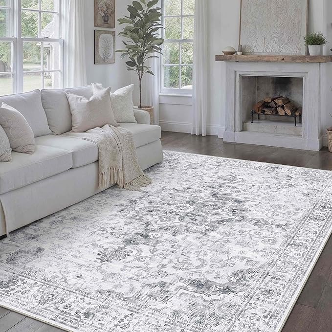 HUGEAR Washable 9x12 Area Rugs Retro Grey Living Room Bedroom Rug Vintage Distressed Non Slip Stain Resistant Low Pile Neutral Throw Carpet for Home Decor