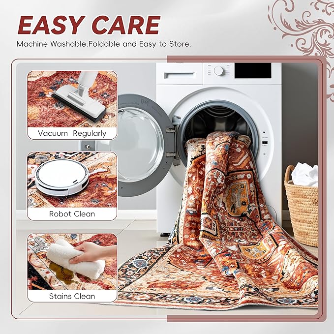EnHomee 8x10 Washable Area Rugs for Bedroom, Boho Vintage Rugs, Foldable Area Rug for Dining Room, Non-Slip Soft Living Room Rug, Low Pile Large Carpet for Bathroom, Red