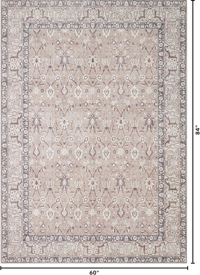 Kuden 5x7 Area Rug, Machine Washable Area Rug with Non-Slip Backing, Vintage Style, Soft, Easy Clean, Low Pile Rug for Living Room, Bedroom, Dining Room