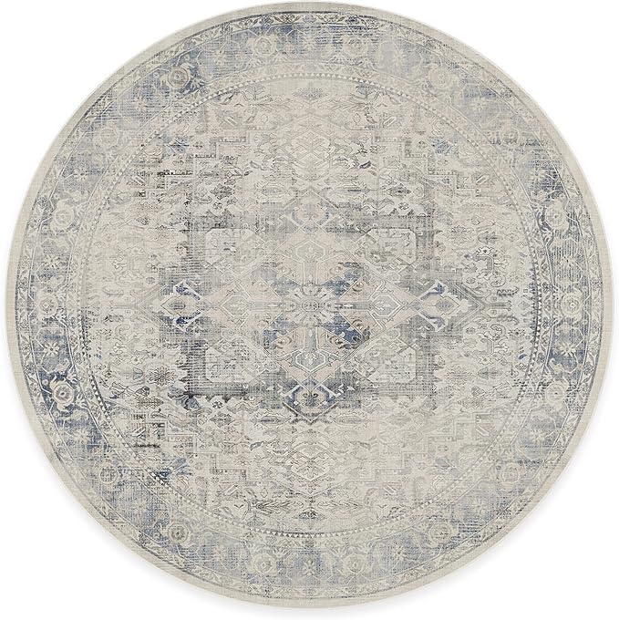 RUGGABLE Washable Vintage Area Rug – Kamran Blue Quartz 8 ft Round, Stain-Resistant, Non-Slip – Large Machine Washable Rugs for Living Room, Bedroom, Hallway, Entryway & Office–with Cushioned Pad