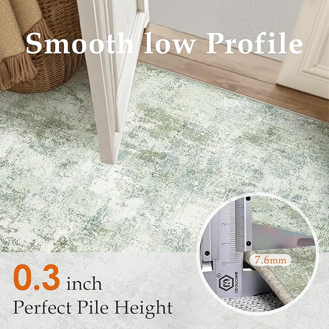 10x14 Washable Area Rug Sage Green Abstract Living Room Bedroom Carpet Neutral Modern Non-Slip Soft Low Pile Lightweight Vacuumable Large Throw Rug for Dining Room