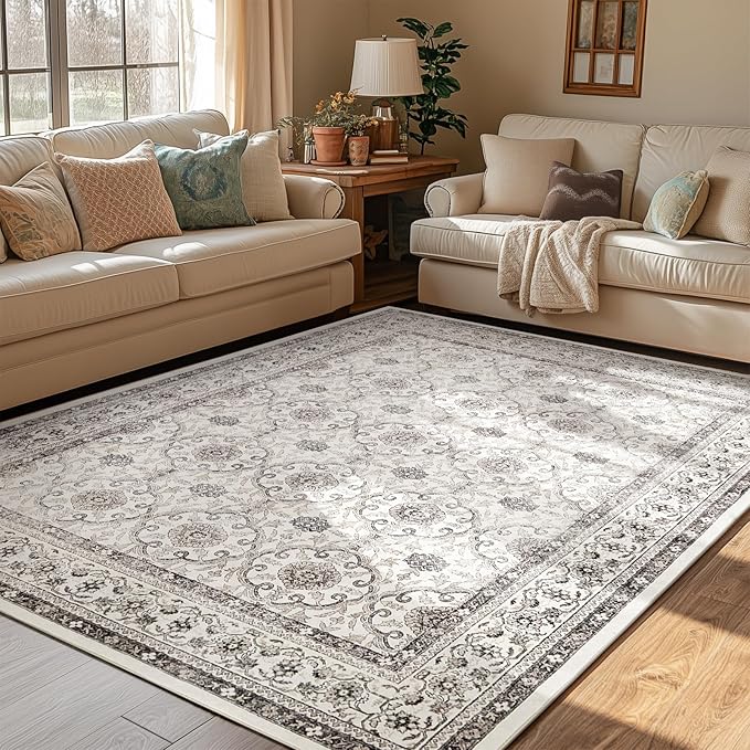 jinchan Floral 5x7 Area Rugs for Bedroom - Machine Washable Vintage Distressed Boho Design Throw Rug Stain Resistant Carpet Low-Pile Thin Non-Slip for Nursery Living Room Dining Room (5‘x7', Beige)